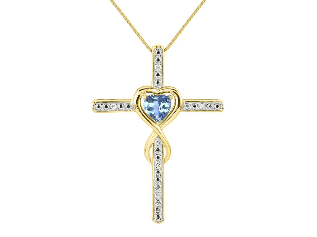 Yellow Gold Plated Silver Cross Necklace with Blue Topaz and Genuine Diamonds K157512