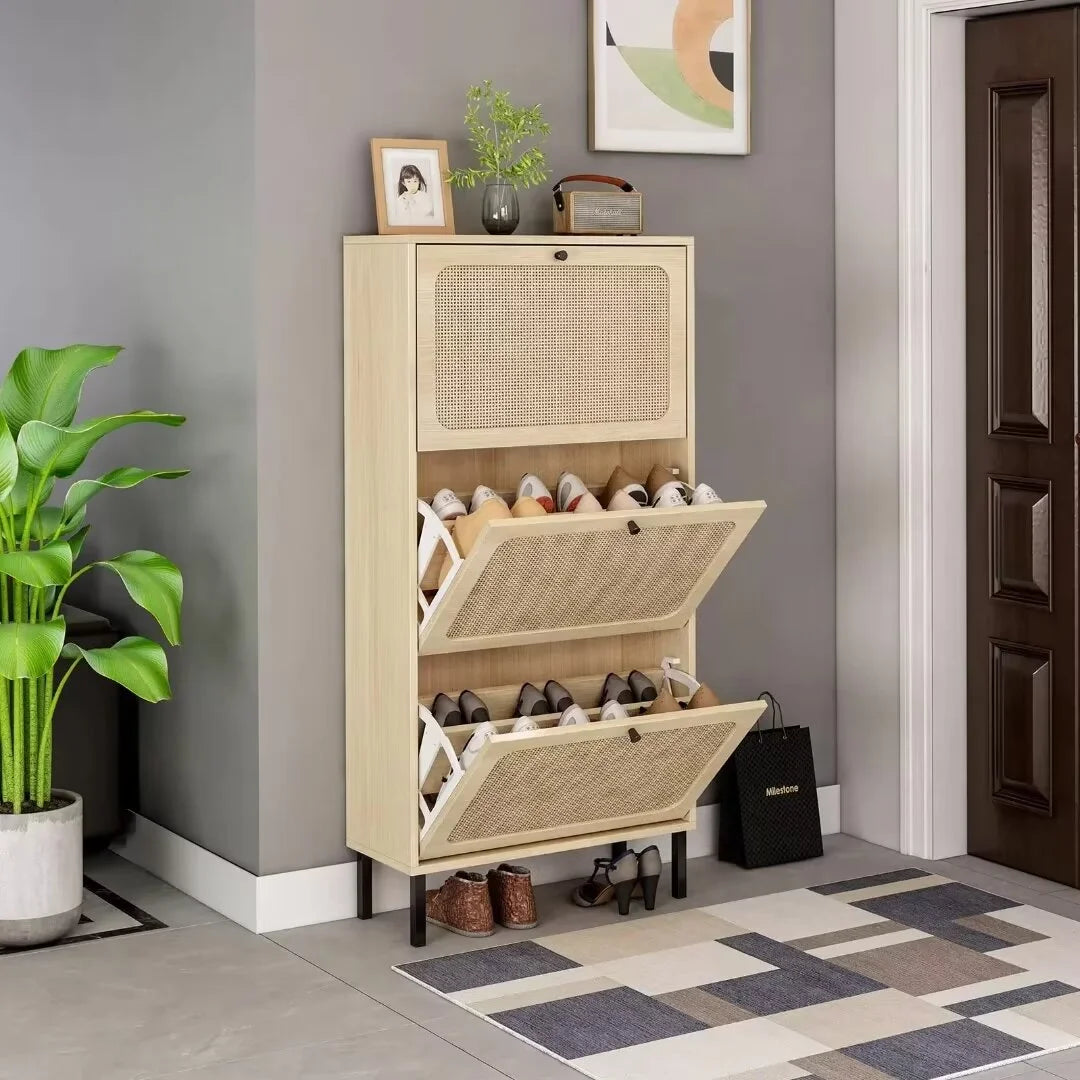 3 Flip Drawer Rattan Shoe Cabinet with Adjustable Shelves Q6724