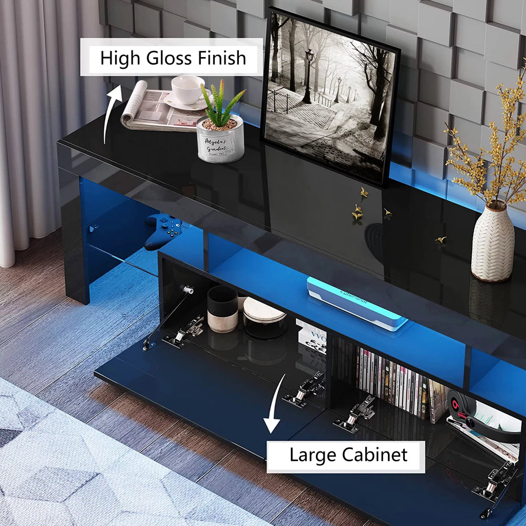 Black TV Stand with LED Lights and Storage Cabinets and Shelves A911327