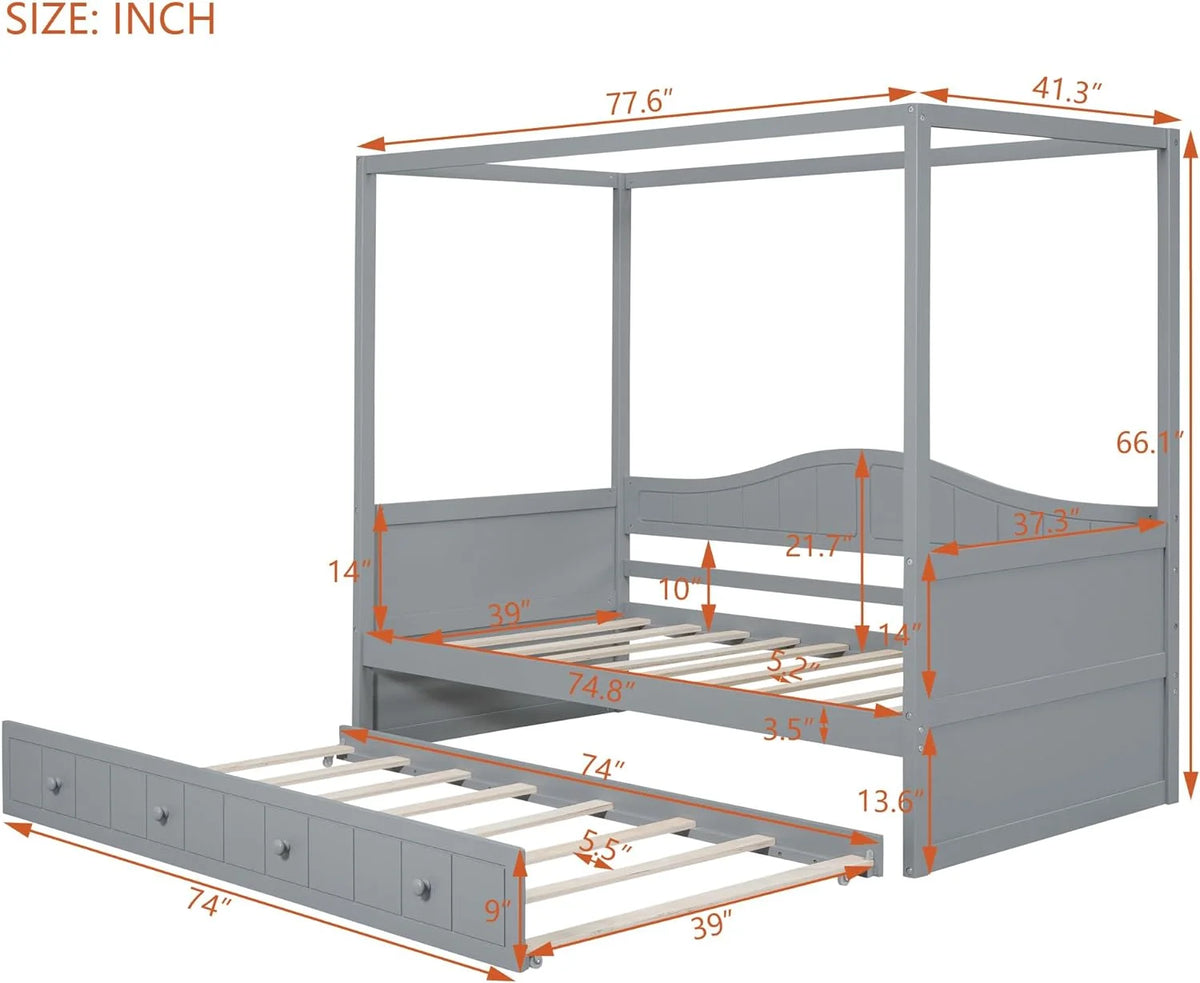 Gray Wooden Canopy Bed with Trundle F619