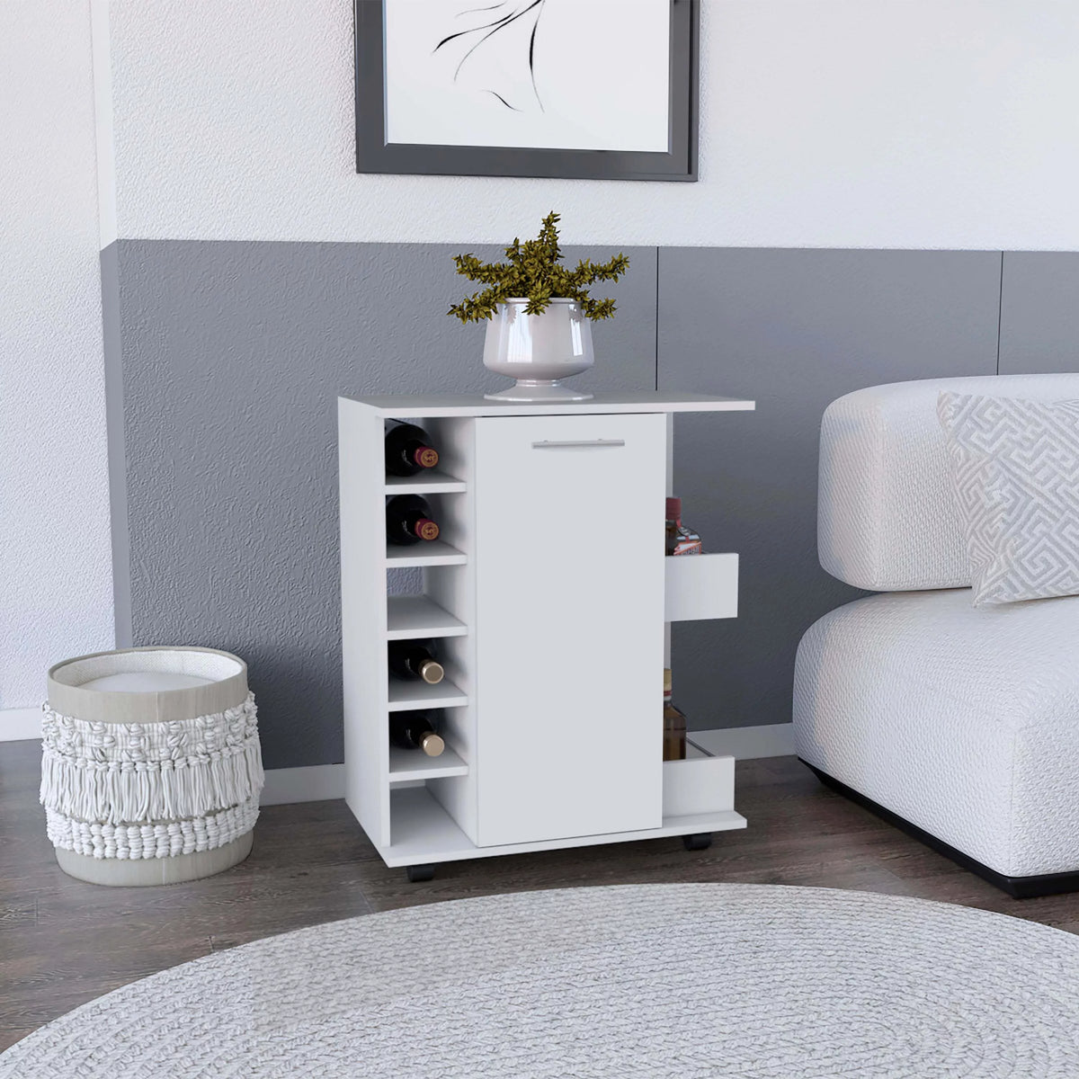White Engineered Wood Bar Cart with 2 Side Shelves N12169