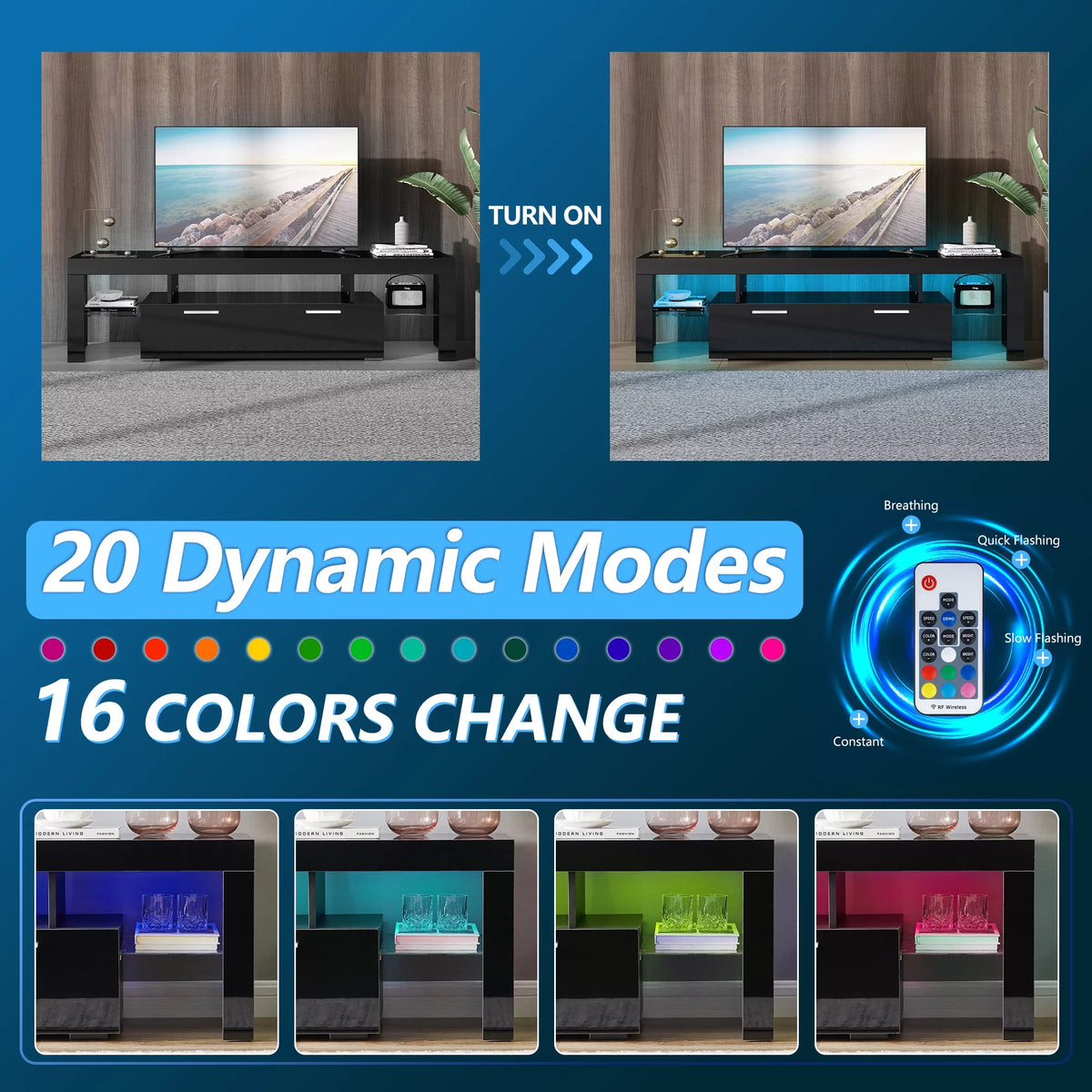 Black TV Stand with LED Lights and Storage Cabinets and Shelves A911327
