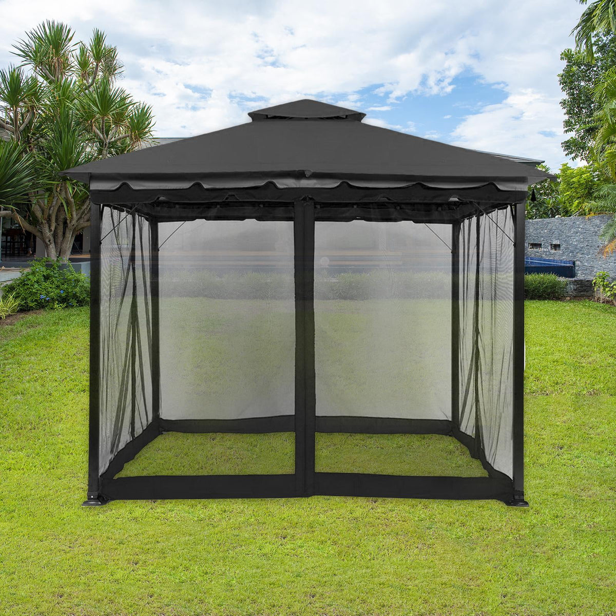 10x10FT Louvered Pergola Gazebo Netting Y93078