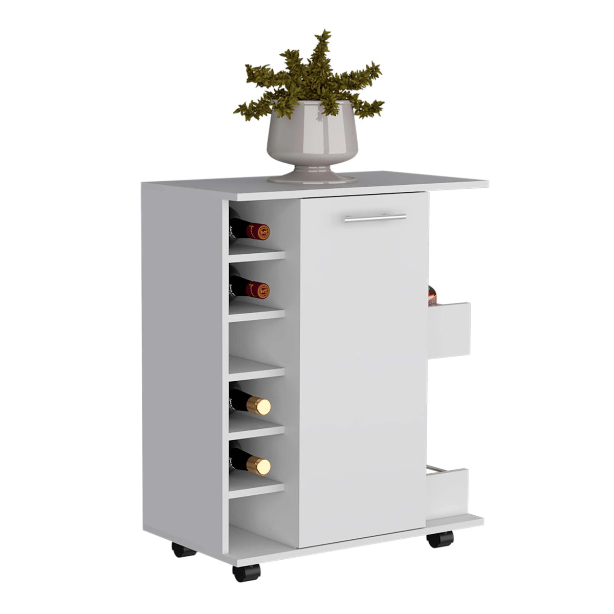 White Engineered Wood Bar Cart with 2 Side Shelves N12169