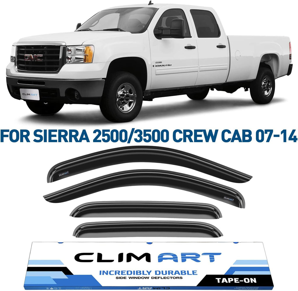 Rain Guards for GMC Sierra 2500HD/3500HD 2007-2014 Crew Cab, Tape-on Window Deflectors, 4pcs E4032
