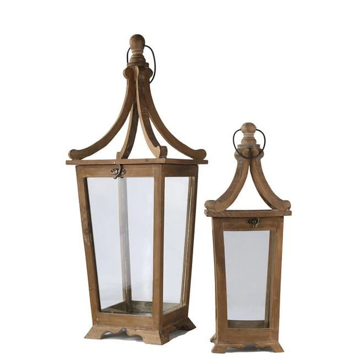 Wood Square Lantern with Metal Ring Hanger & Glass Sides, Set of 2 O389