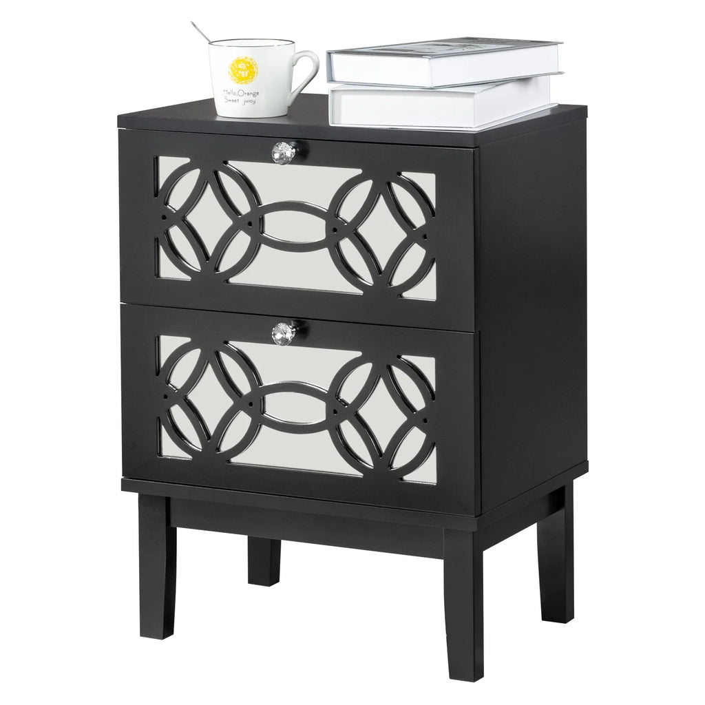 Black Modern Bedside Table with Storage Drawers and Smoked Mirror Q5613
