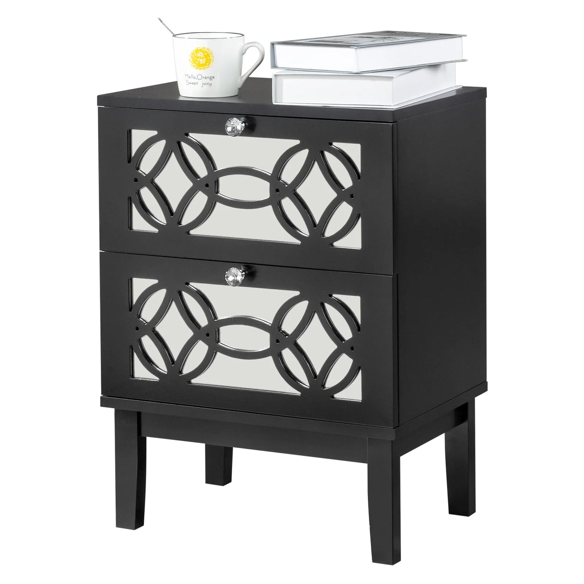 Black Modern Bedside Table with Storage Drawers and Smoked Mirror Q5613