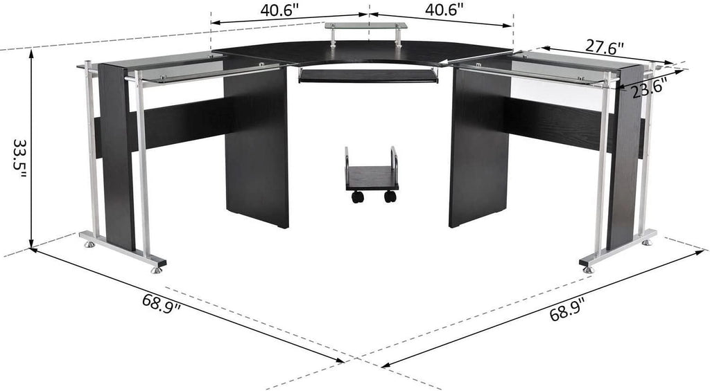 69" L-Shaped Tempered Glass Computer Desk with Monitor Stand Black A8107