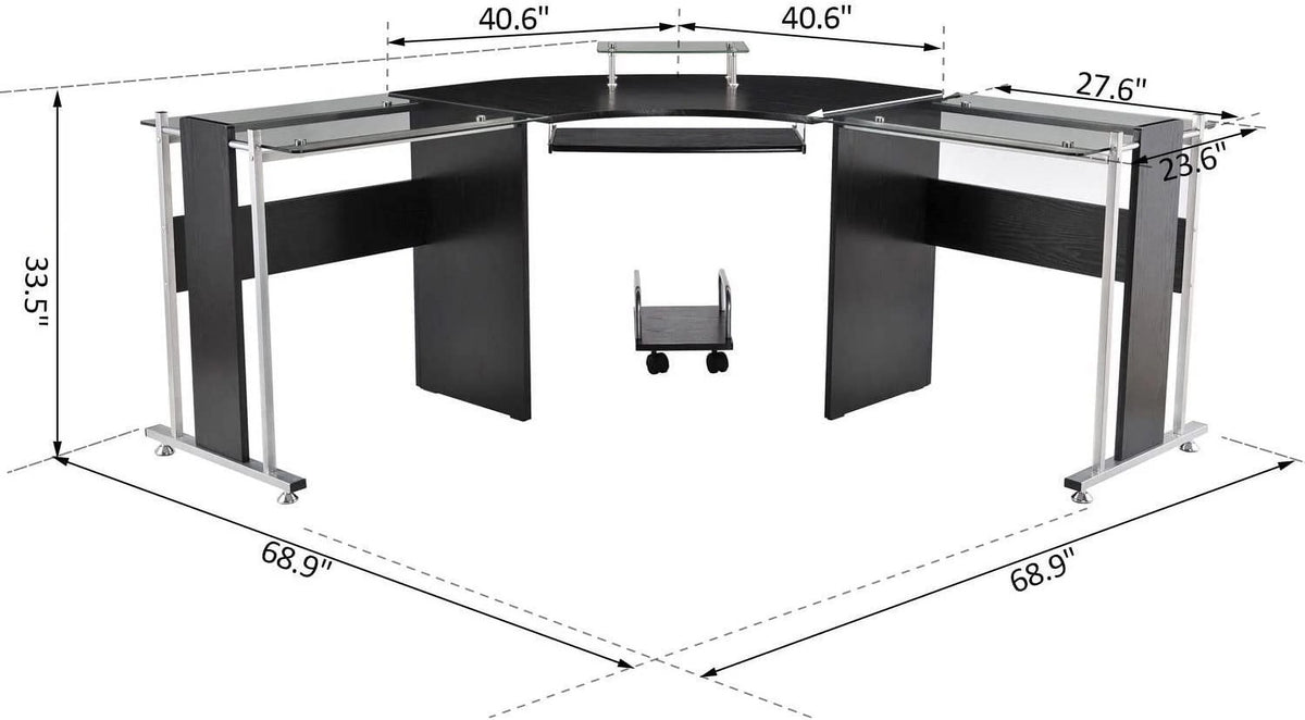 69" L-Shaped Tempered Glass Computer Desk with Monitor Stand Black A8107