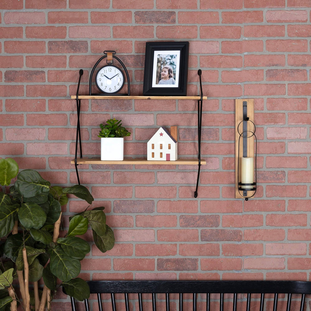 Industrial 2 Tier Metal Wire and Wood Wall Shelf M723