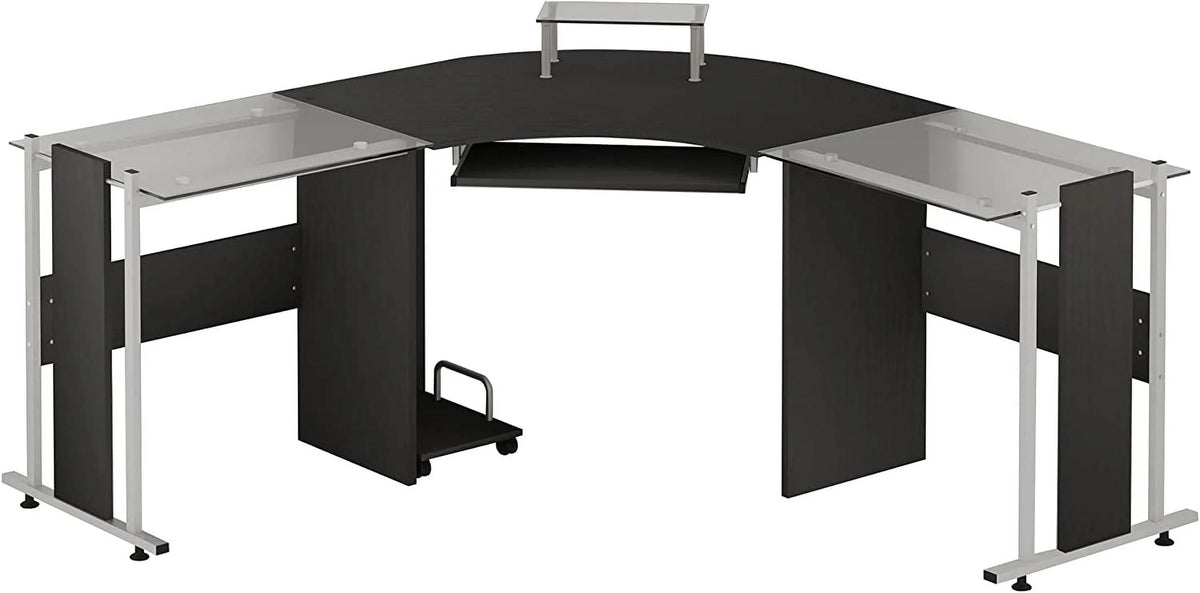 69" L-Shaped Tempered Glass Computer Desk with Monitor Stand Black A8107