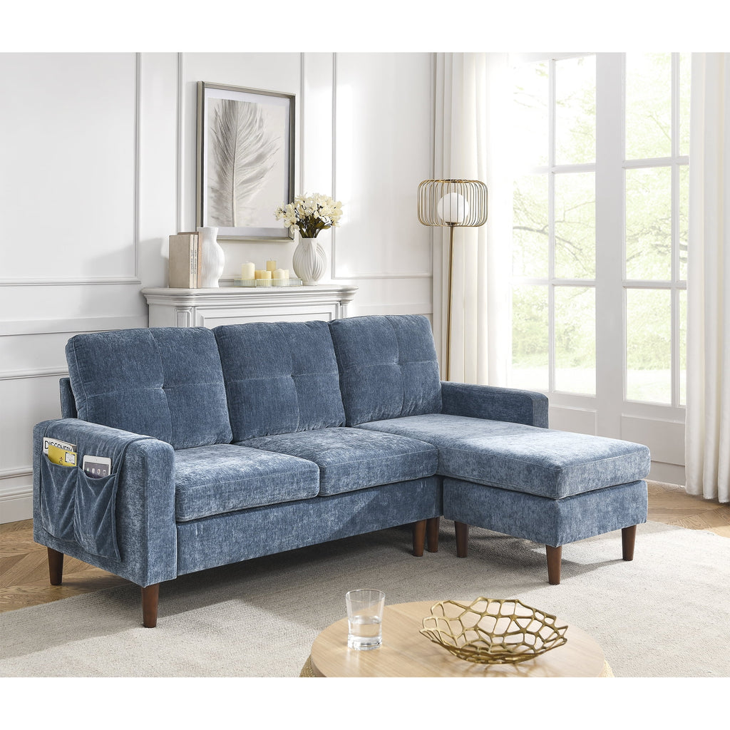 80" Convertible Sectional Sofa Couch, 3 Seats L-shape Sofa with Removable Cushions and Pocket, Rubber Wood Legs, Navy Chenille C450
