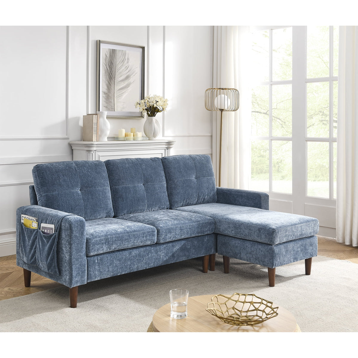 80" Convertible Sectional Sofa Couch, 3 Seats L-shape Sofa with Removable Cushions and Pocket, Rubber Wood Legs, Navy Chenille C450