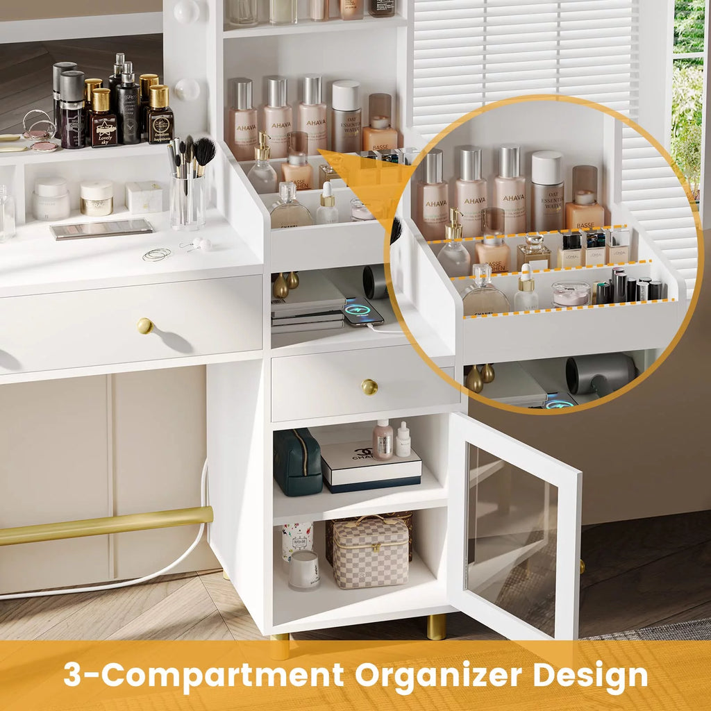 White Vanity Desk with Mirror and Lights and Drawers A317