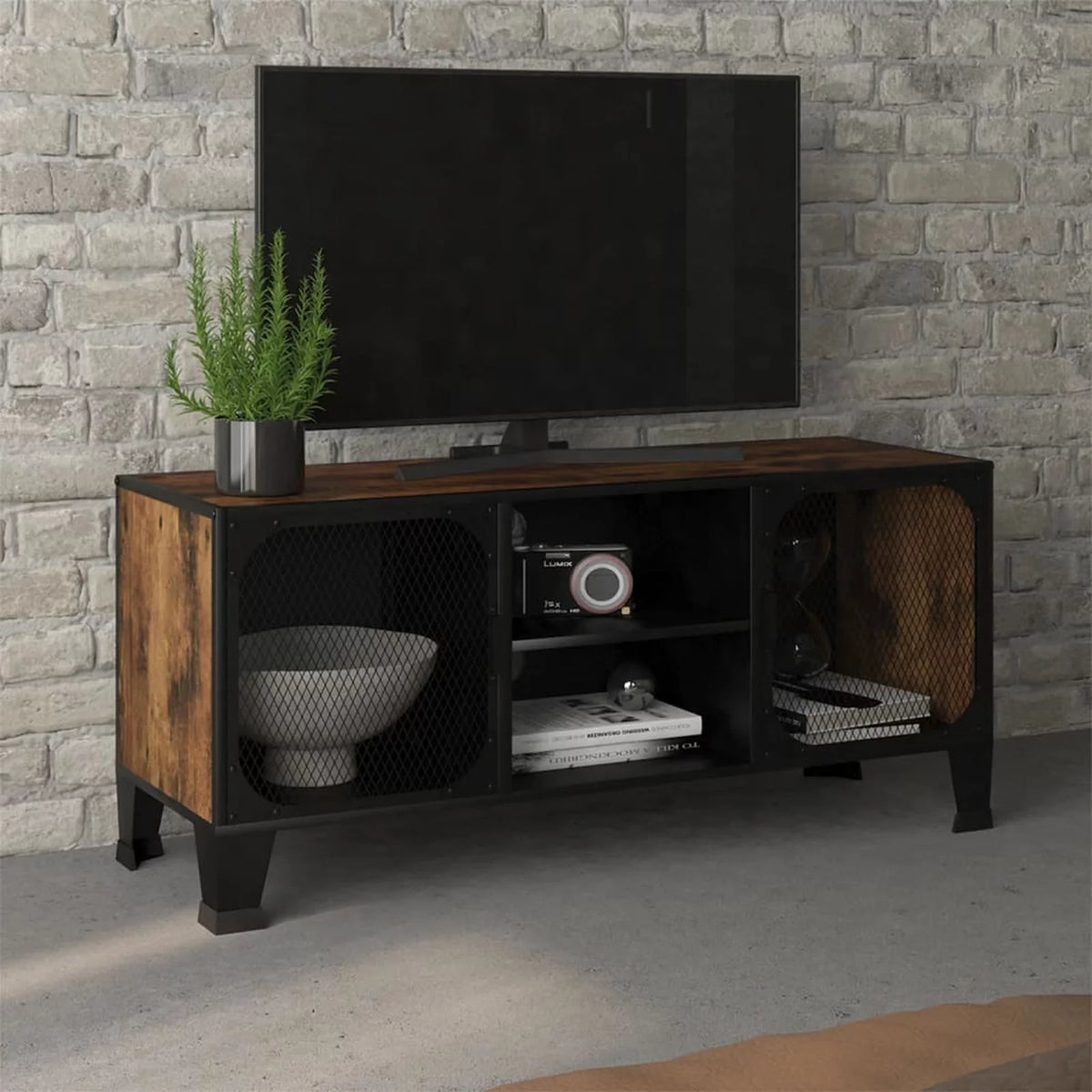 Rustic Brown TV Stand with 2 Mesh Doors and Storage Shelf Q4022