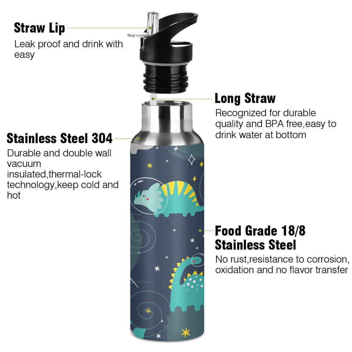 Stainless Steel Insulated Vacuum Flask Water Bottle with Straw Lid F763
