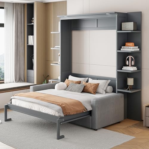 Queen Size Gray Murphy Bed with Sofa Cushion T77363