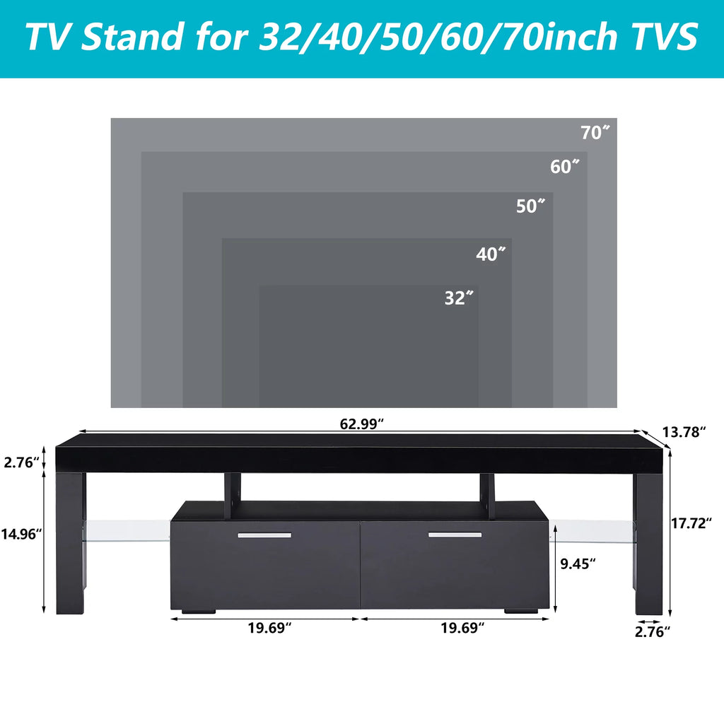Black TV Stand with LED Lights and Storage Cabinets and Shelves A911327