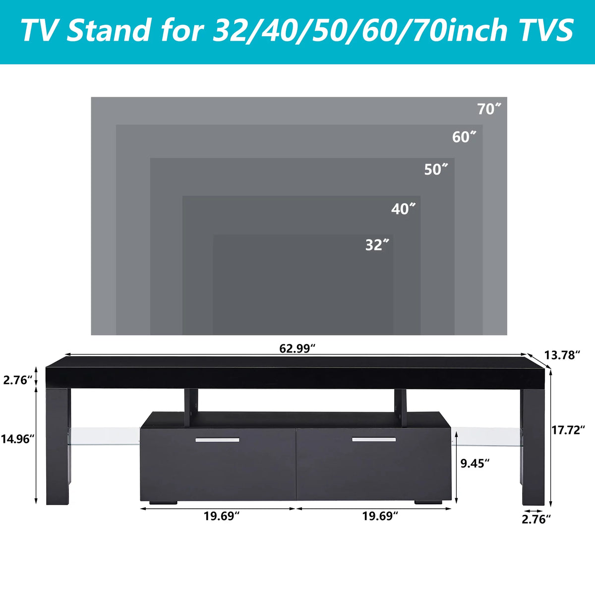 Black TV Stand with LED Lights and Storage Cabinets and Shelves A911327