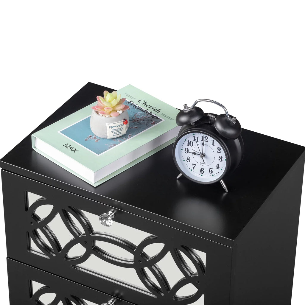 Black Modern Bedside Table with Storage Drawers and Smoked Mirror Q5613
