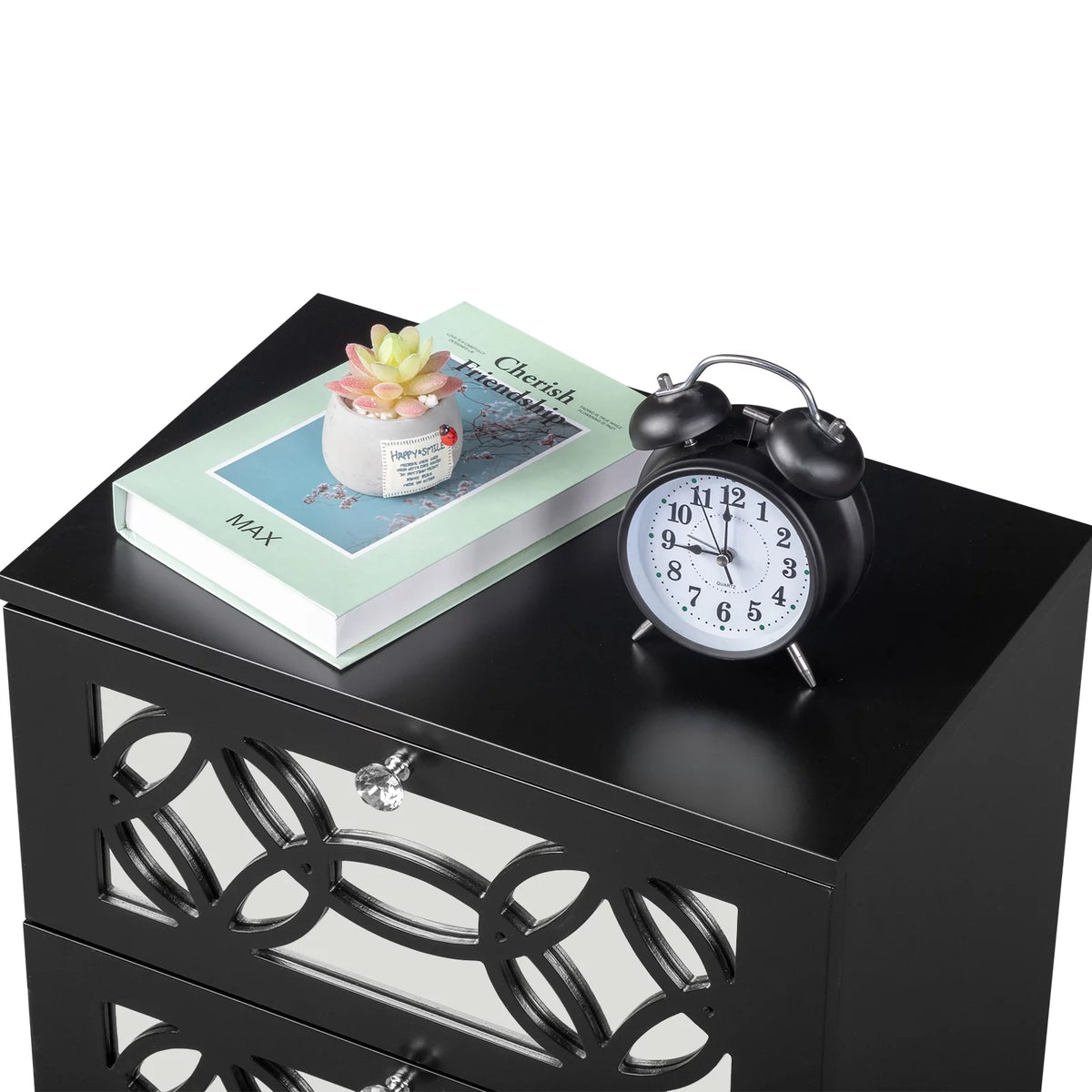 Black Modern Bedside Table with Storage Drawers and Smoked Mirror Q5613