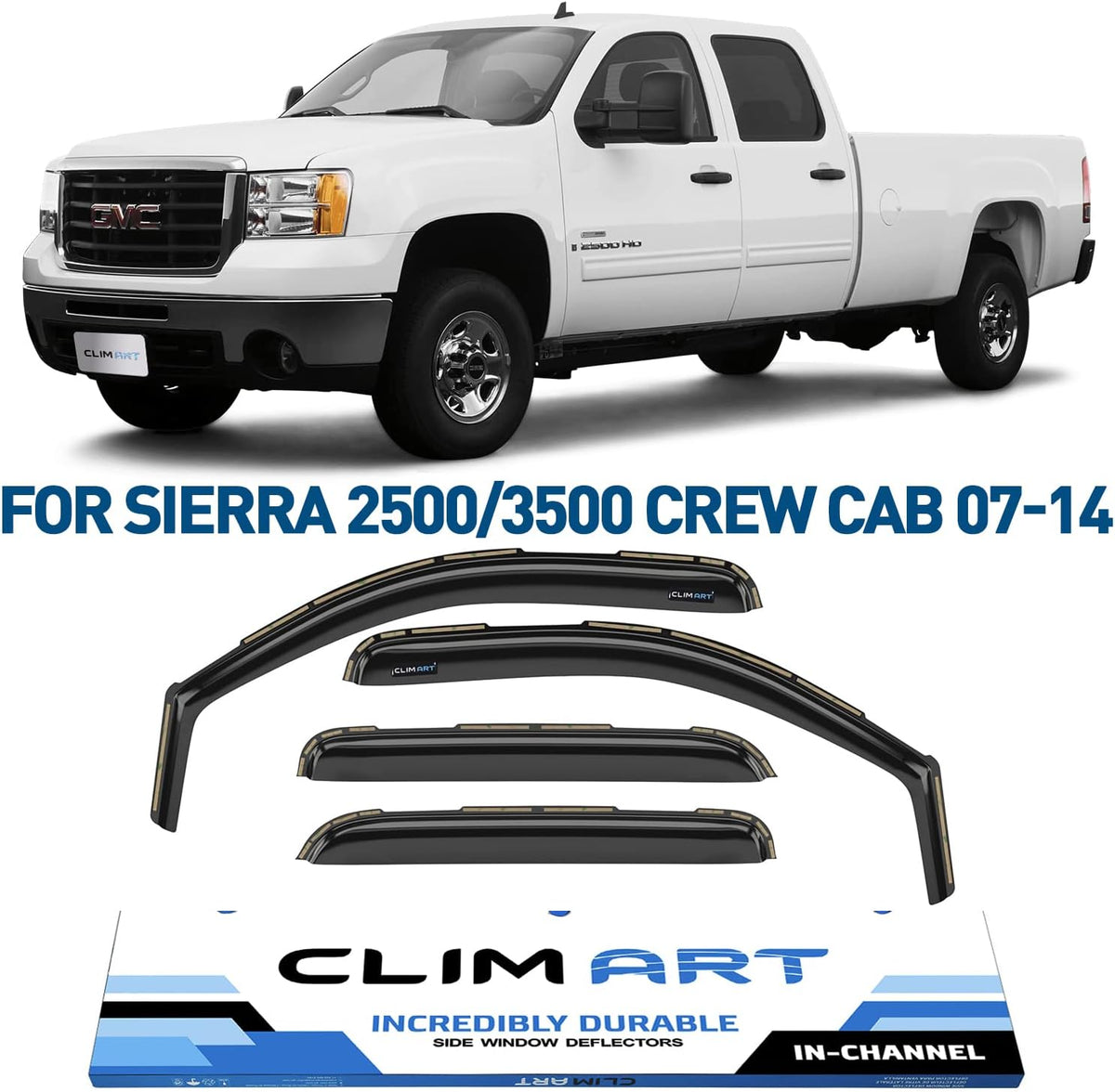 Rain Guards for GMC Sierra 2500HD/3500HD 2007-2014 Crew Cab, Tape-on Window Deflectors, 4pcs E4032