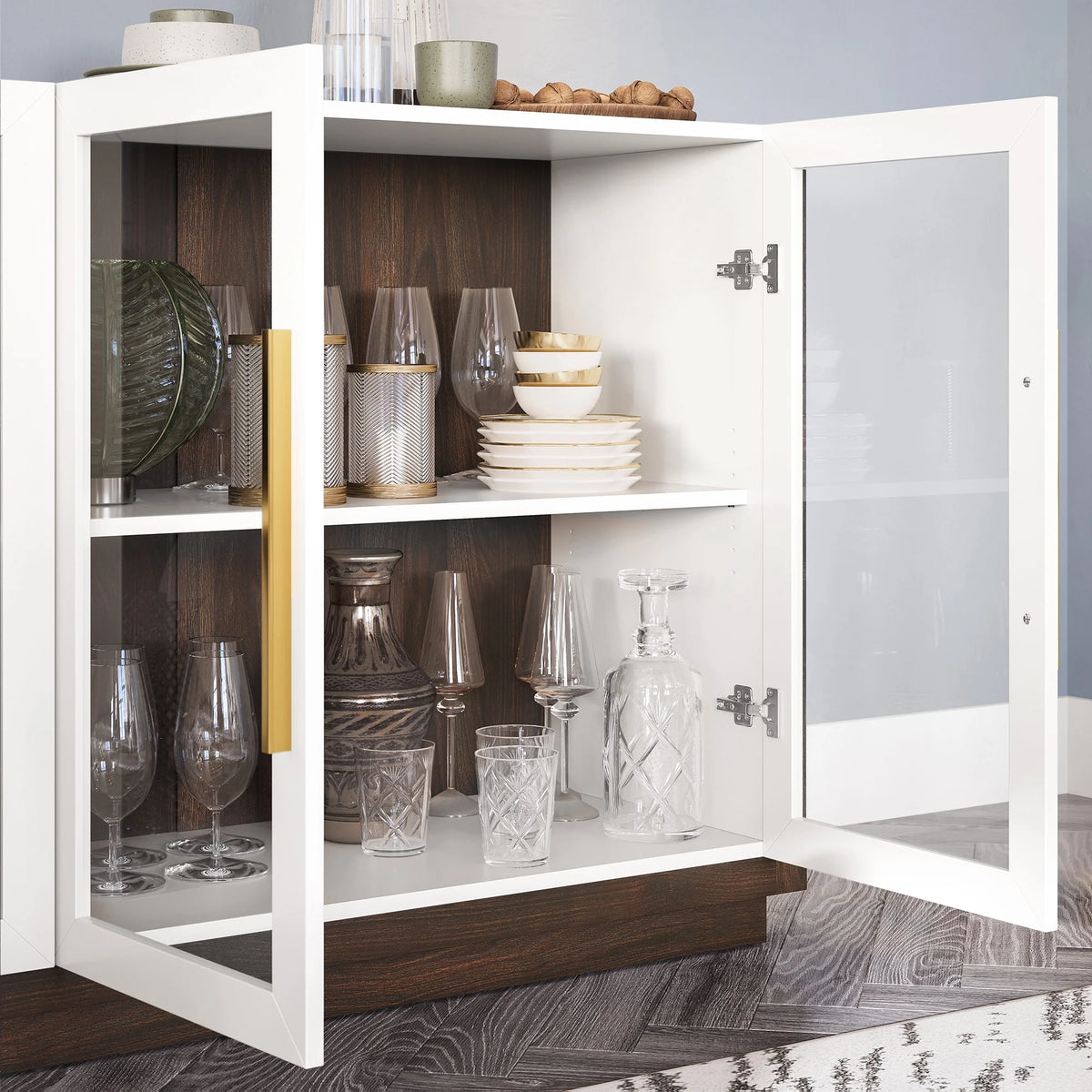 White Wood Glass Sideboard Buffet Cabinet with Storage I579688