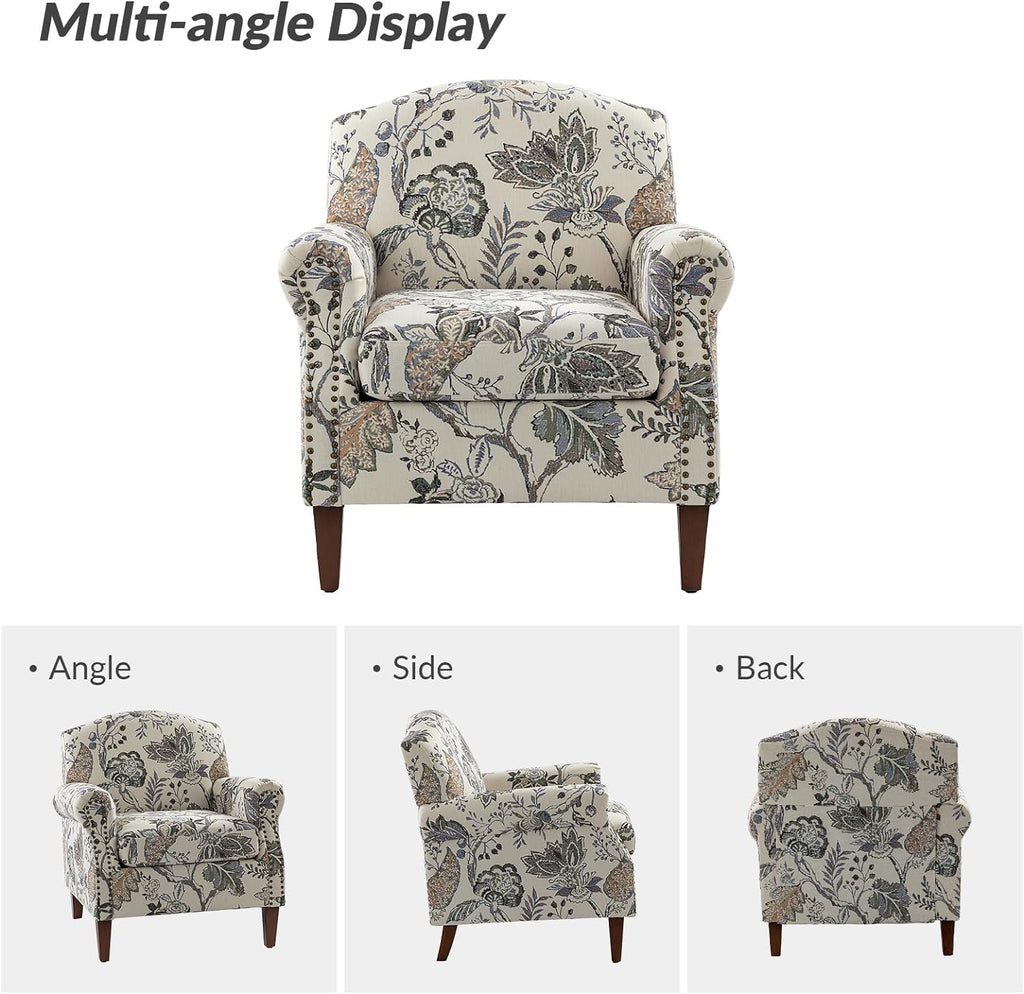 Accent Chair Set Of 2 With Wood Legs & Removable Cushion, Upholstered Armchair, Floral Design, GREY I853895