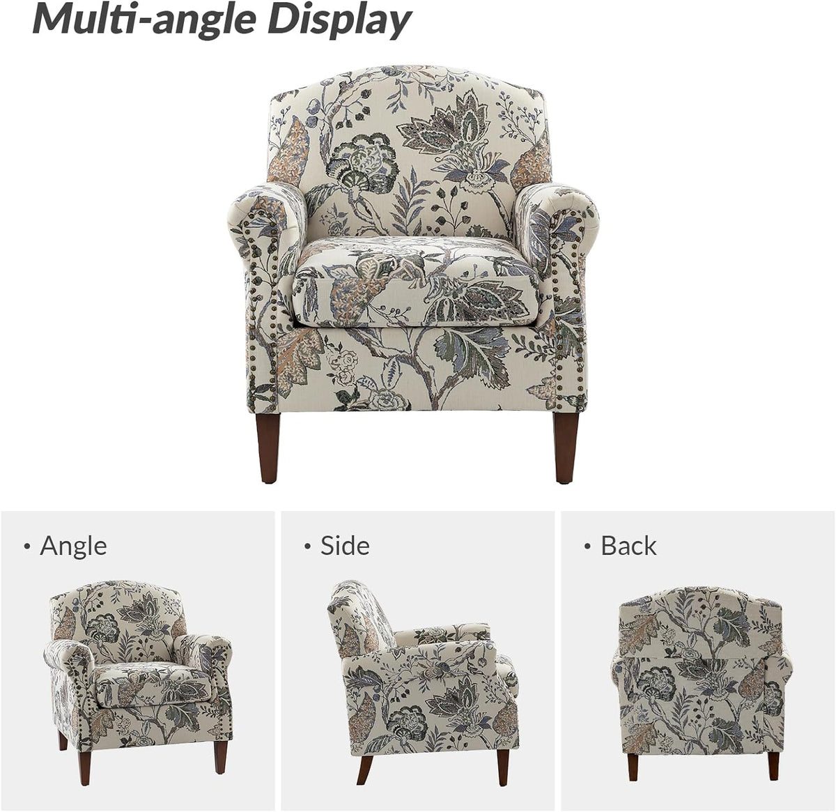 Accent Chair Set Of 2 With Wood Legs & Removable Cushion, Upholstered Armchair, Floral Design, GREY I853895