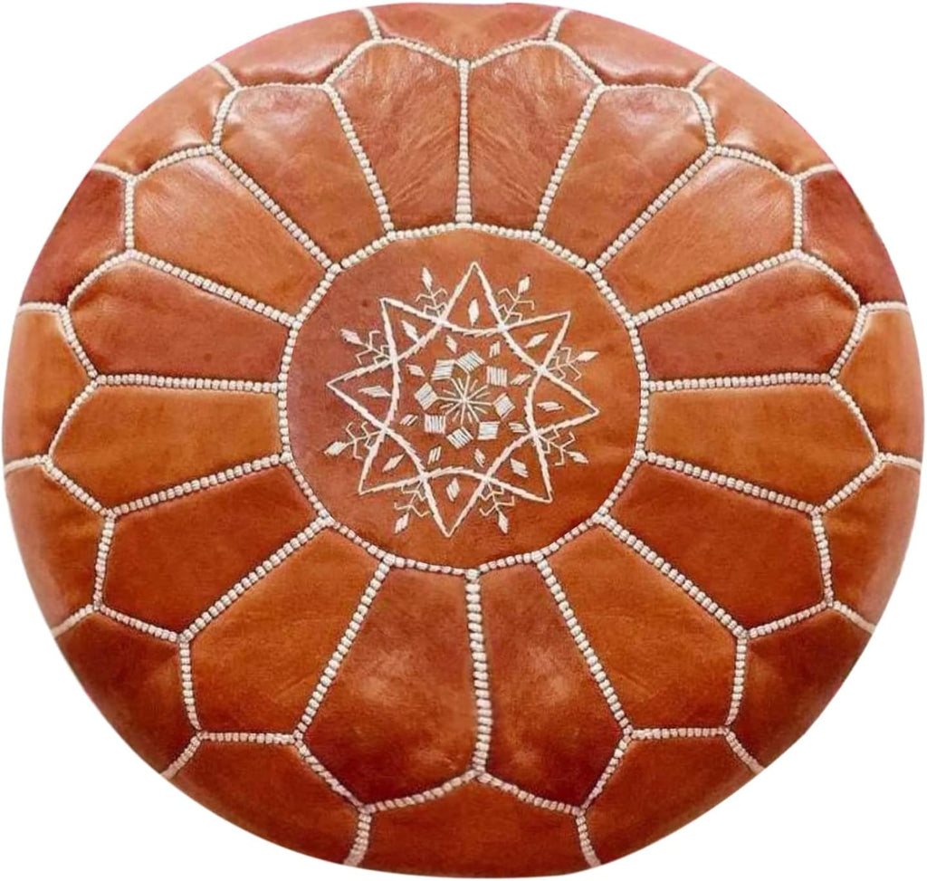 Round Moroccan Pouf Cover Genuine Leather Hand Stitched R415