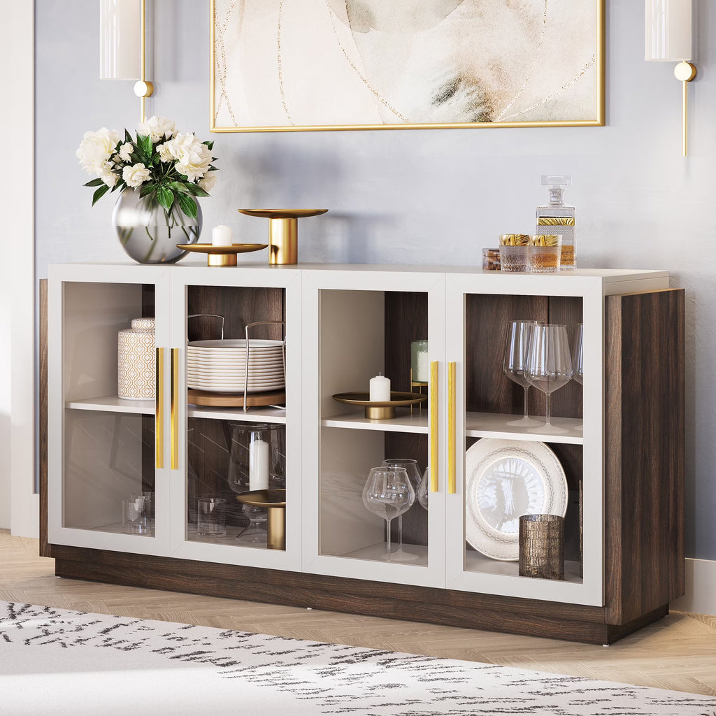 White Wood Glass Sideboard Buffet Cabinet with Storage I579688