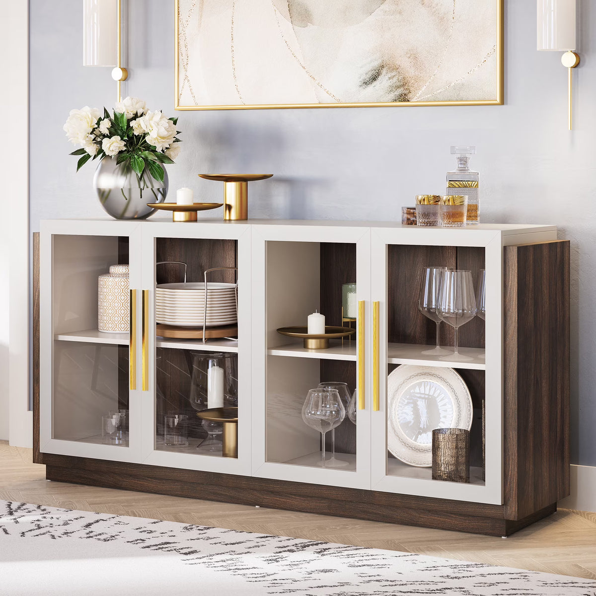 White Wood Glass Sideboard Buffet Cabinet with Storage I579688