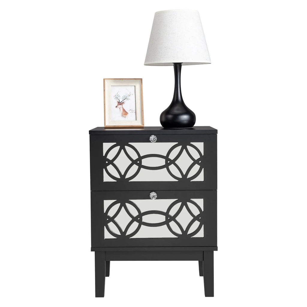 Black Modern Bedside Table with Storage Drawers and Smoked Mirror Q5613
