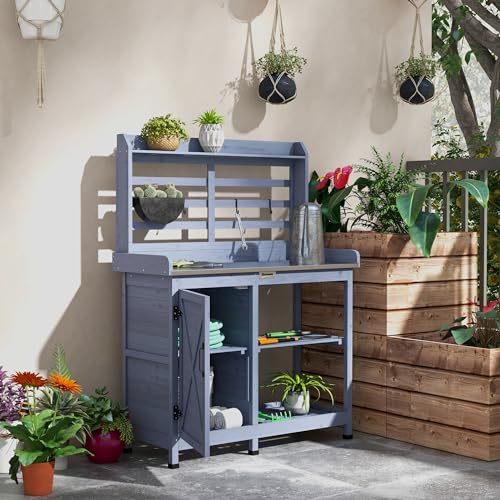 Wooden Potting Bench Table with Storage Cabinet N3435