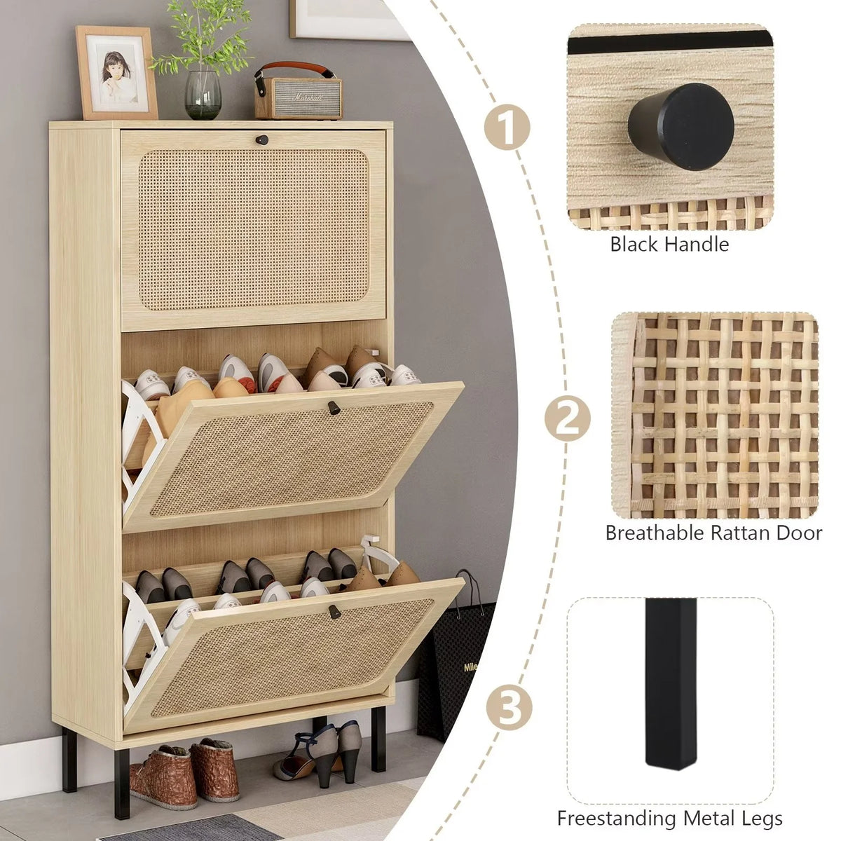 3 Flip Drawer Rattan Shoe Cabinet with Adjustable Shelves Q6724