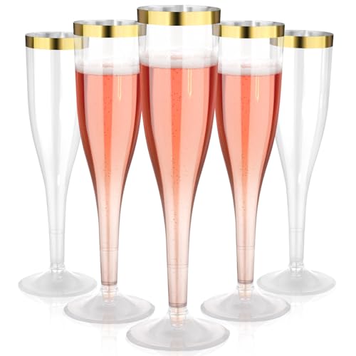 36 Pack 6.5 oz Gold Glitter Plastic Champagne Flutes with Gold Rim V244