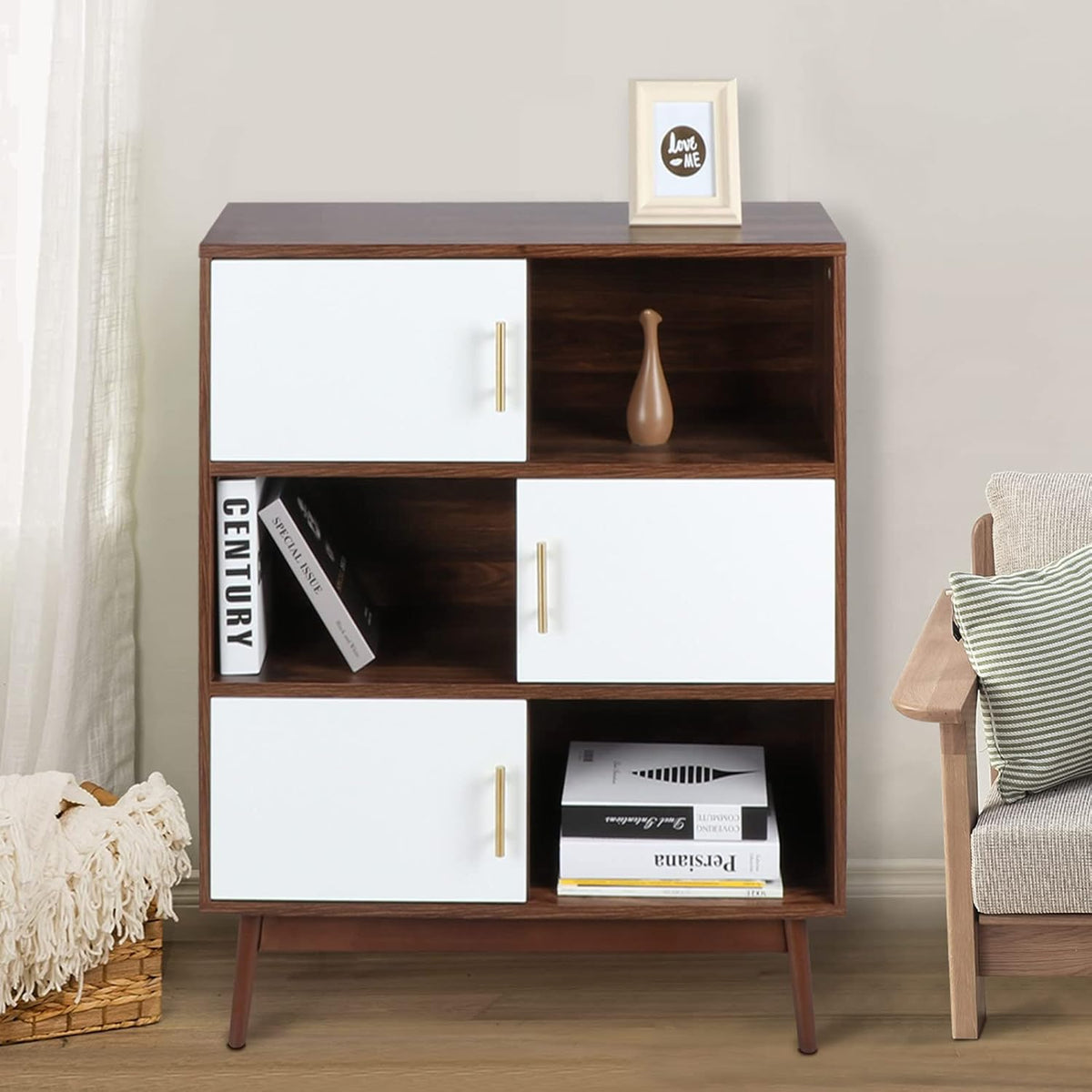 Walnut Storage Cabinet with Doors and Open Shelves X73589