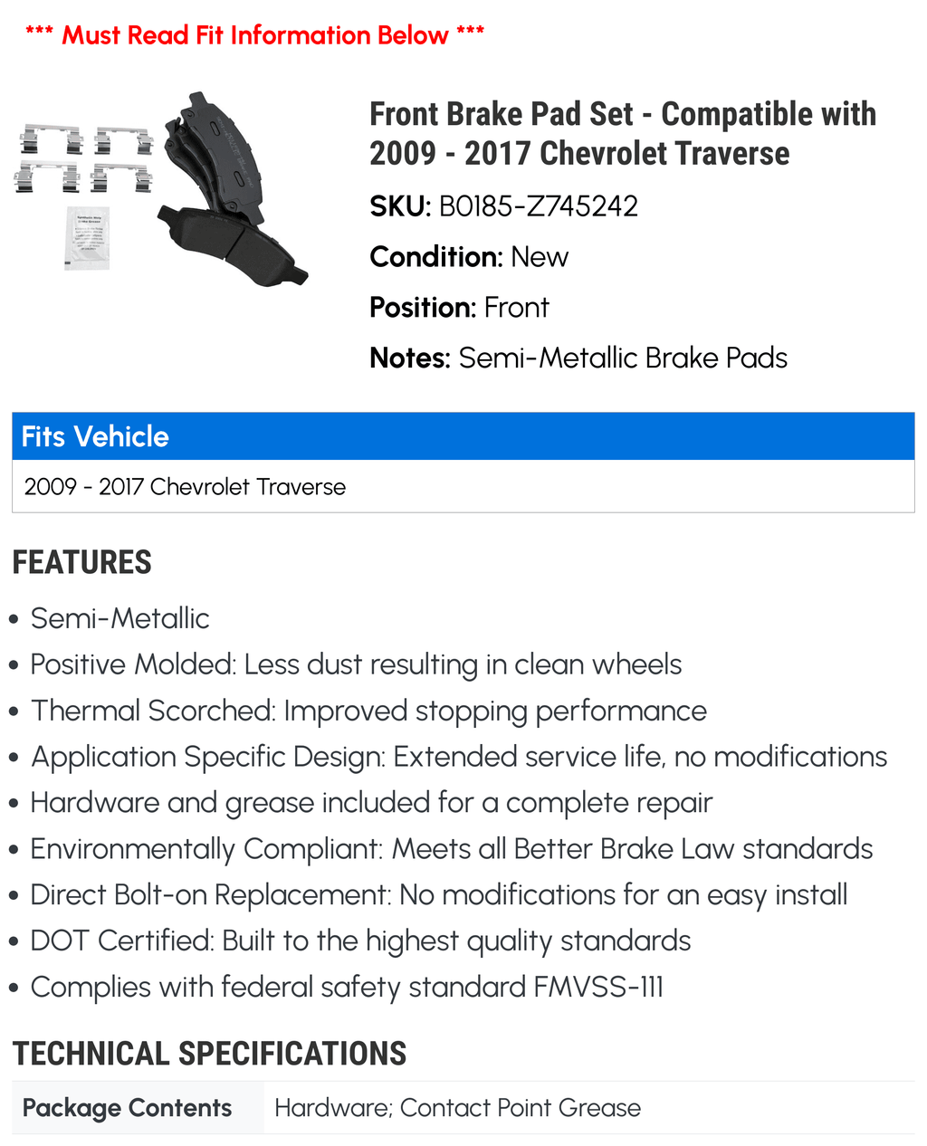 Front Brake Pad Set U90516