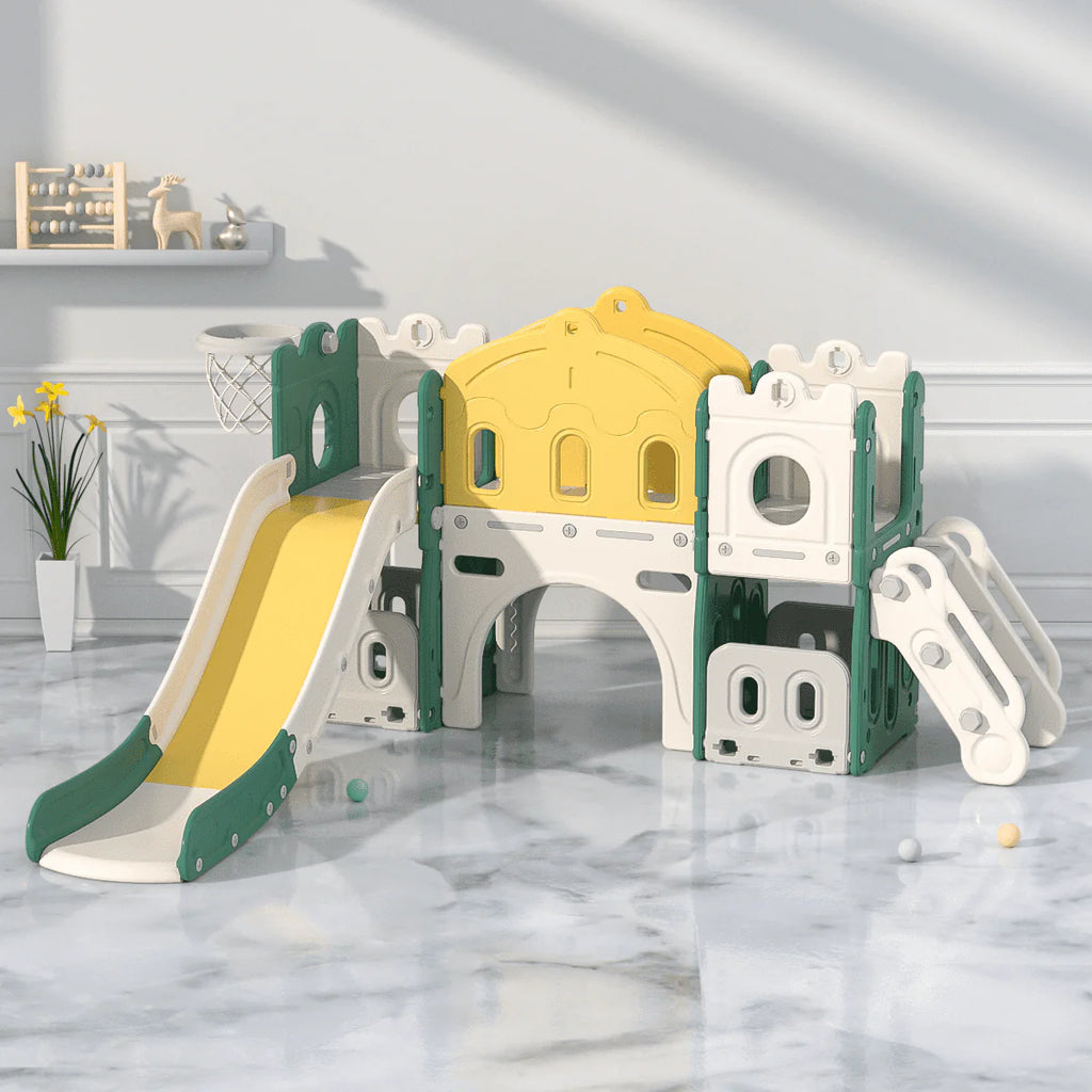 6 in 1 Kids Slide Set with Basketball Hoop and Tunnel, Green H7352