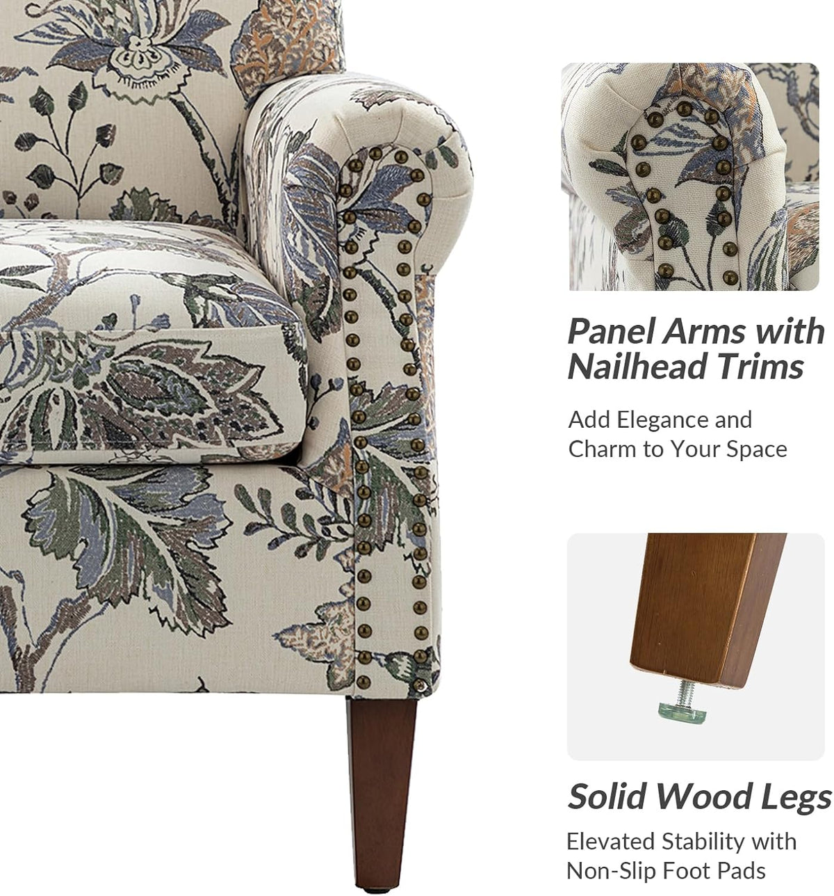 Accent Chair Set Of 2 With Wood Legs & Removable Cushion, Upholstered Armchair, Floral Design, GREY I853895