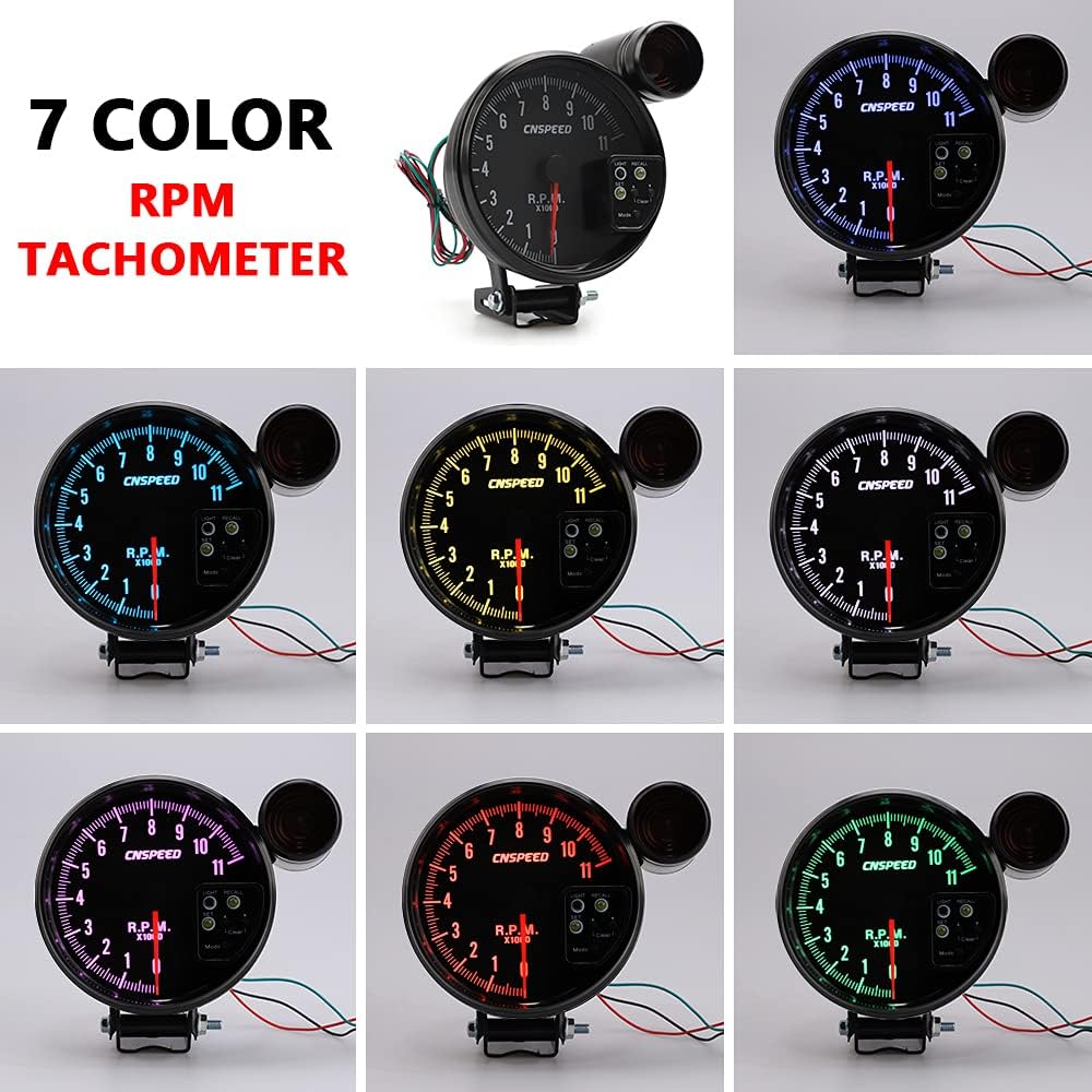 5 inch 7 Color LED 11K 12V RPM Tachometer Rev Counter Gauge with Red Shift Light Black Face Universal Sport Meter Kit Pack of 2 U92169