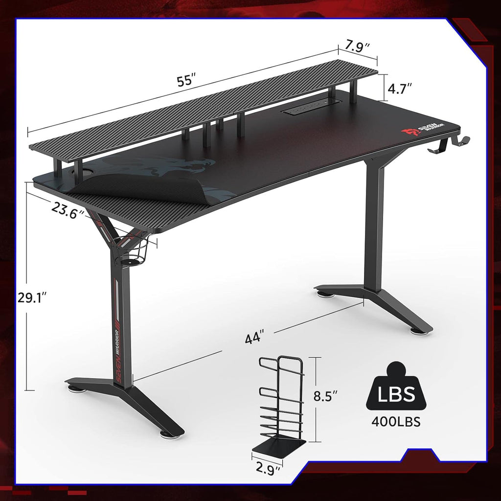 Gaming Desk with LED Strip & Power Outlets, Carbon Fiber Surface Computer Desk with Full Desk Mouse Pad D971