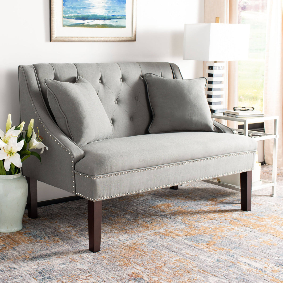 Grey Linen Settee with Silver Nailheads U670