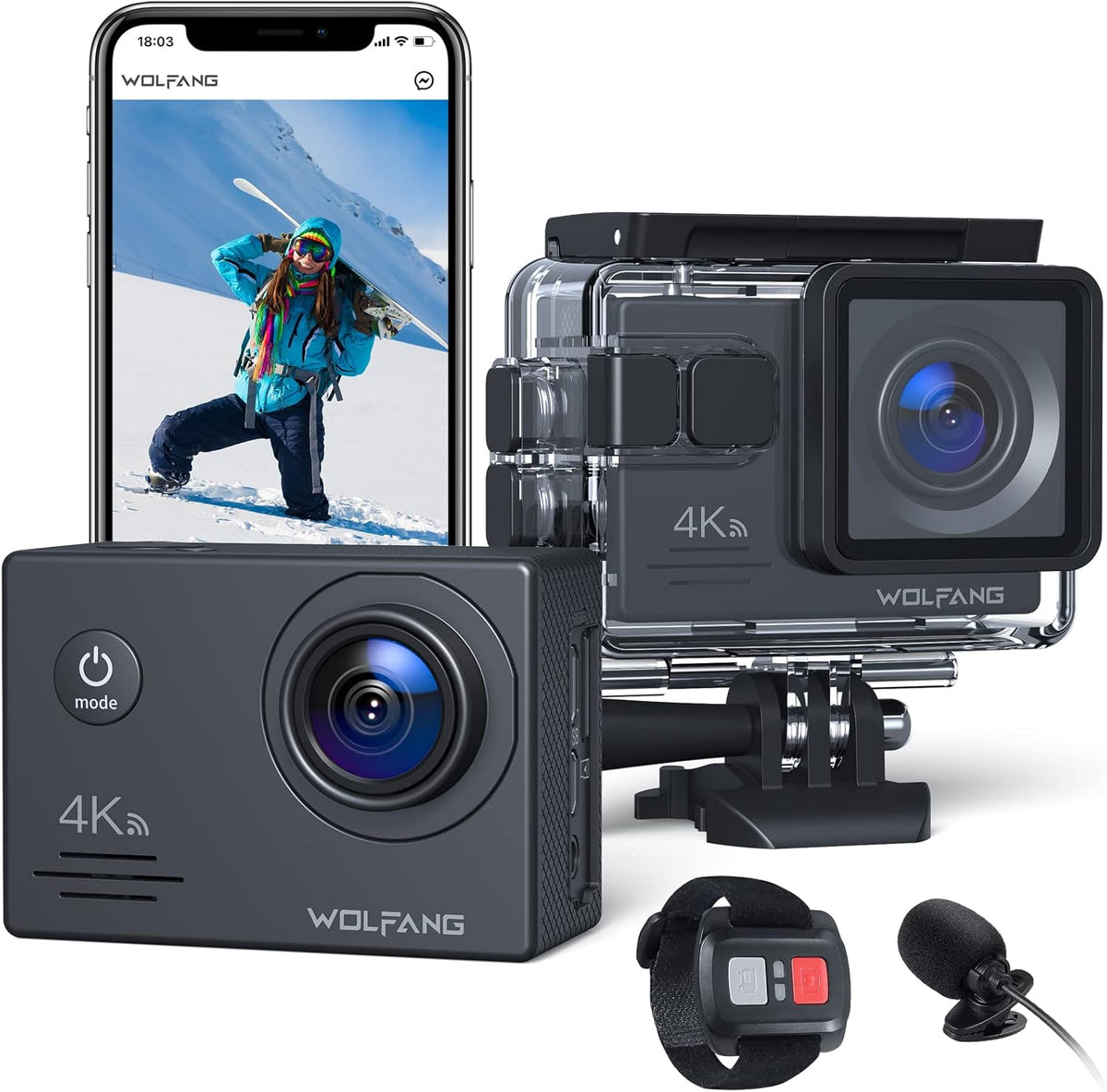 4K 30FPS 20MP Waterproof Action Camera with Remote Control, 2x1050mAh Batteries and Mount Accessories Kit L112