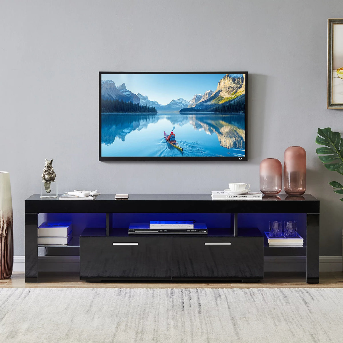 Black TV Stand with LED Lights and Storage Cabinets and Shelves A911327