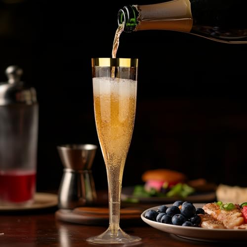 36 Pack 6.5 oz Gold Glitter Plastic Champagne Flutes with Gold Rim V244
