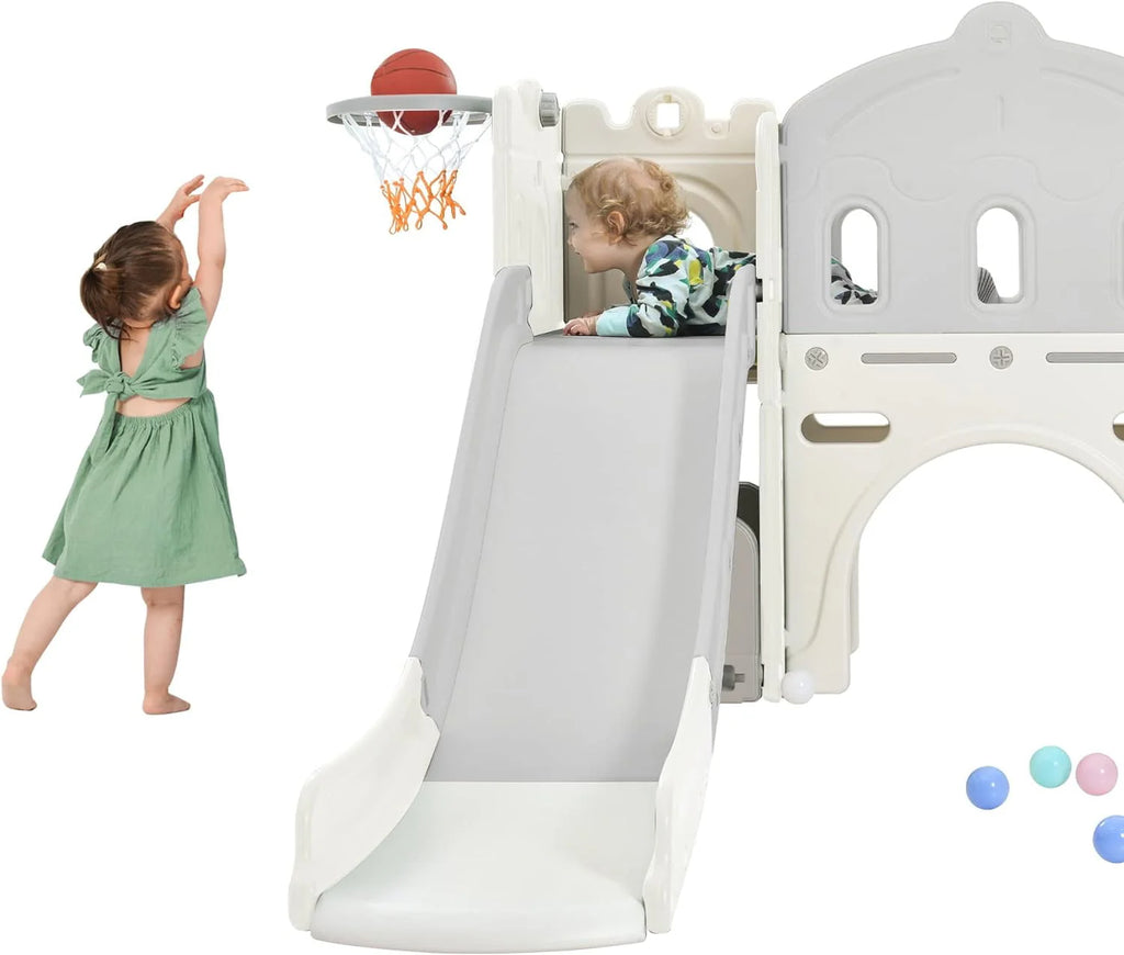 6 in 1 Kids Slide Set with Basketball Hoop and Tunnel, Green H7352