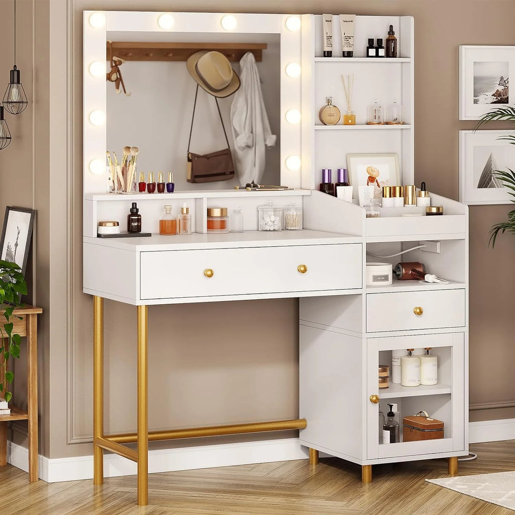 White Vanity Desk with Mirror and Lights and Drawers A317