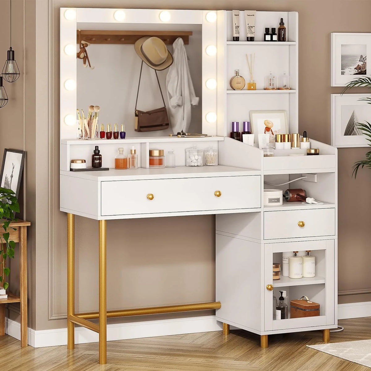 White Vanity Desk with Mirror and Lights and Drawers A317